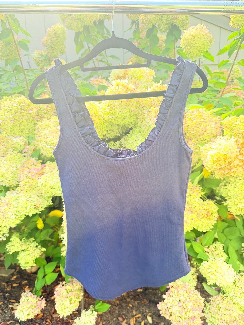 cinq a sept Navy Ruffle Scoop Tank
